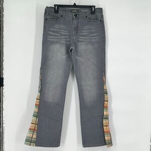JORDACHE Womens Jeans 10 Gray Custom Flare Plaid Inset Y2K Denim Hippie Boho 60s